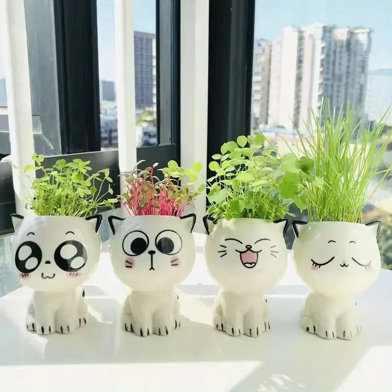 Set of 4 Ceramic Plant Pots with Cute Cat Design, Perfect for Desktop Plants, Unique Pots, Decorative Gardening Gifts, Home Decoration, Flower Pots, Indoor Planters, Planting Pots