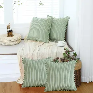 Sage Green Throw Pillow Covers 16x16 Set of 4 Soft Corduroy Boho Decorative Cushion Covers with Pom-poms for Couch Bed Sofa Living Room