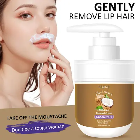 ROZINO Naturally Derived Coconut Oil Hair Removal Cream - Facial Hair Removal, Gentle, Harsh-Chem Free, Moisturizing, 100g Pump-Action Bottle for Sensitive Skin (Face, Arms, Lip Area)