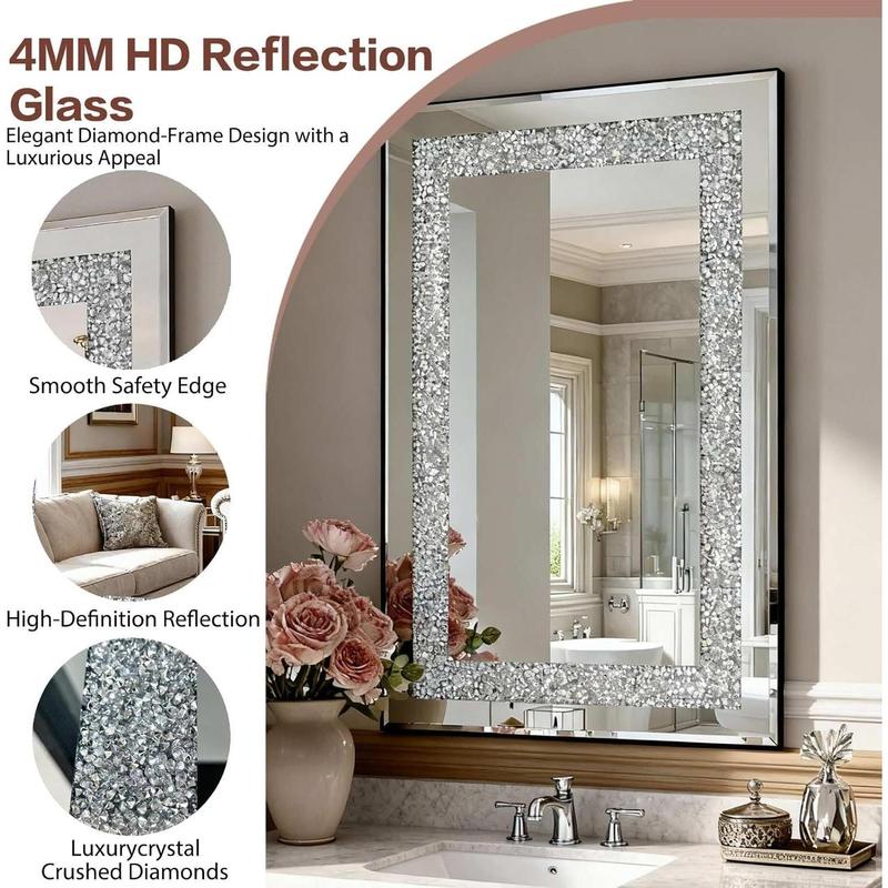 Crystal Crushed Diamond Wall Mirror 36x24 Inch, Large Rectangle Wall Mirror with Beveled Edge, Luxury Silver Frame, Perfect for Living Room, Bathroom, Entryway Decor