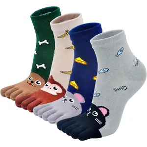 P-SOK012     Kids Toe Socks Cute Cotton Cartoon Animal Dog Cat Ankle Crew Five Finger Socks for 3-12 Years Old Girls and Boys