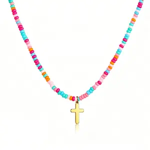 Cross Necklace for Women Trendy - Dainty 14K Gold Plated Colorful Beaded Minimalist Cross Necklace Non Tarnish Waterproof Trendy Cute Simple Small Necklaces Easter Christian Religious Faith Jewelry Gifts