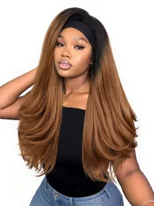 26 Inch Yaki Wavy Headband Wig, Synthetic Hair Layered Kinky Straight, Natural Curl Ends with Blowout, Quick & Easy to Wear for Women, Synthetic Machine Wigs
