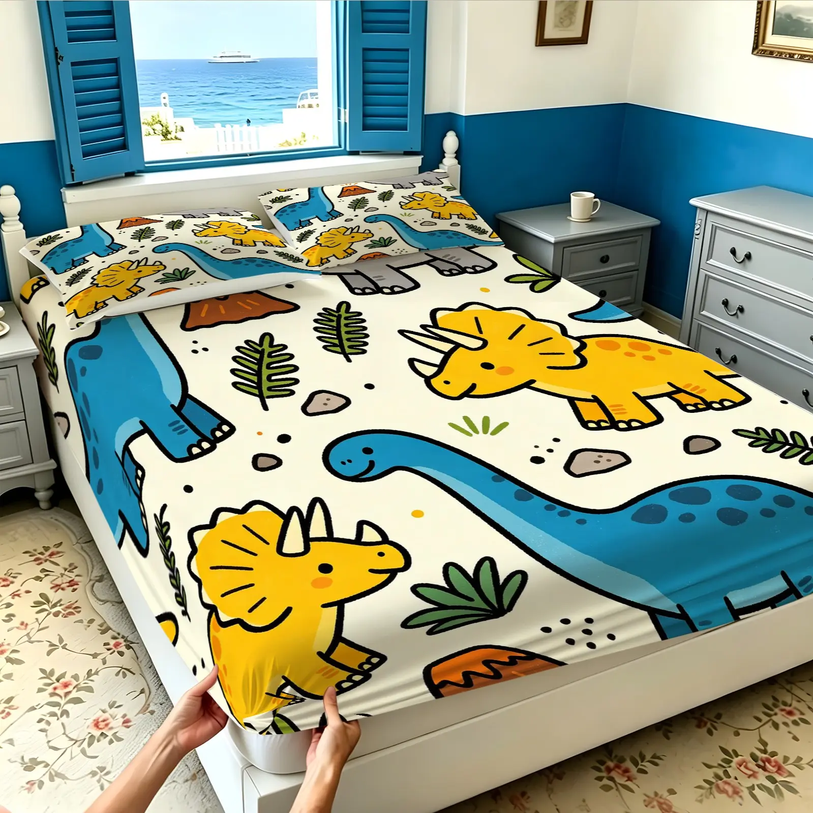 3PCS Cute Cartoon Dinosaur Fitted Bedding Sheet Set, Bedsheets, Elastic All-Around Mattress Cover, Wrinkle Resistant Non-Slip, Easy to Clean, For Bedroom Hotel B&B, Housewarming Birthday Christmas Gift