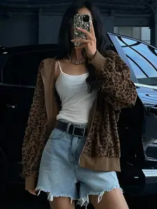 Women's Leopard Print Hooded Zper Jacket, Casual Fitted Slim-Fit Fall & Winter Coat, Drawstring Design, Thick Kint Fabric