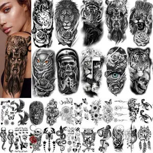 36Sheets Temporary Tattoo for Men Women Adults, Include 12 Sheets Black 3D Half Sleeve Temporary Tattoos, Halloween Tattoos Scary Lion Wolf Tiger Skull Skeleton Tattoos Stickers