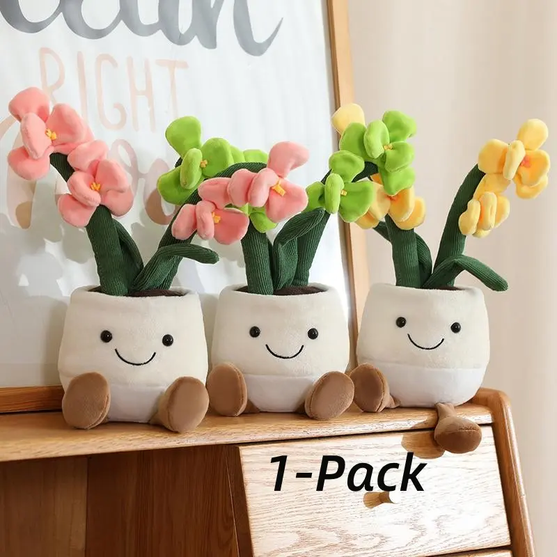 Simulation Orchid Flower Plush Flower Pot Plush Doll, 1 Count Cute Soft Adorable Stuffed Huggable Plush Flower Pot Doll, Home Decor Birthday Gift, Kawaii Stuffed Animals