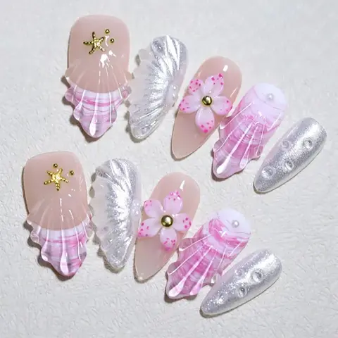 10 Pcs Almond 3D Nails, Flower Shell French Style, Reusable Press On Nails, Beach Nails, Nail Design, Almond Nail Tips