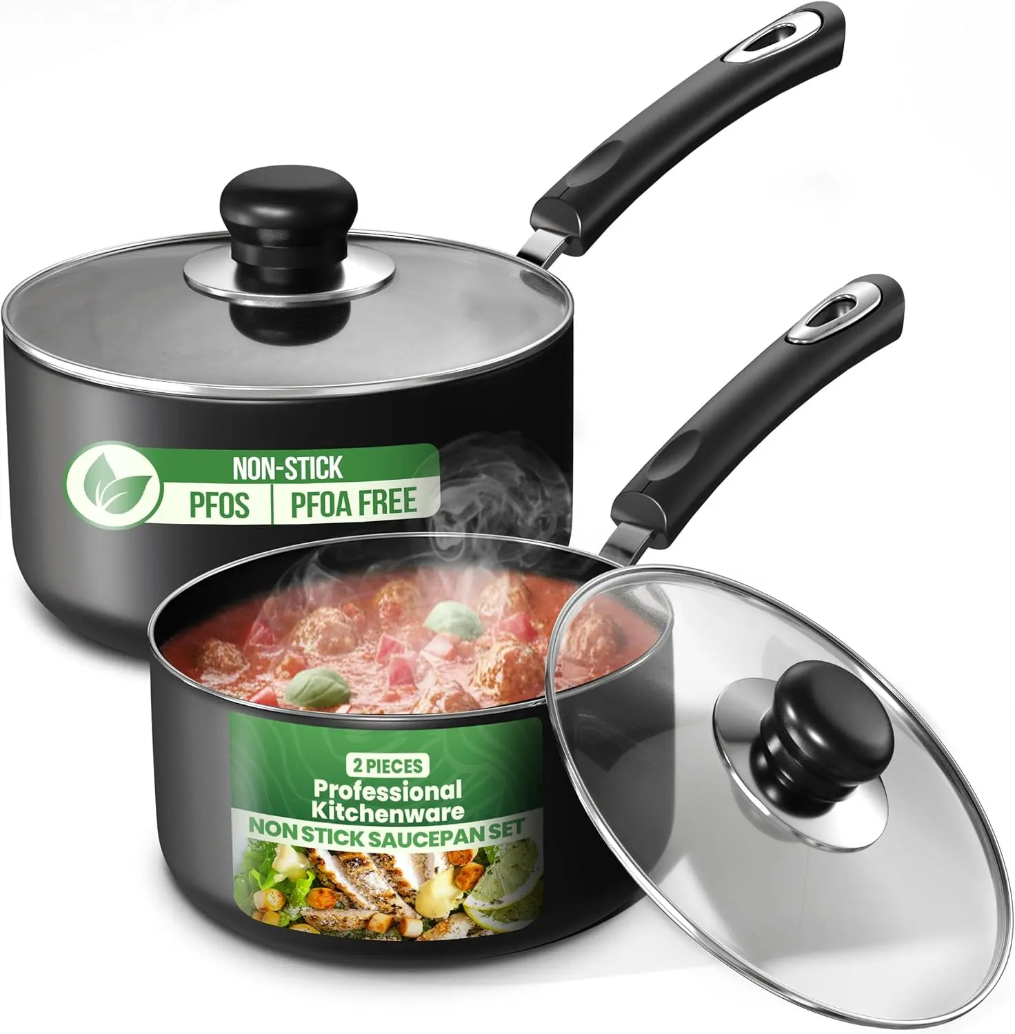 Utopia Kitchen Nonstick Aluminum Cookware Sets - 1 Qt & 2 Qt Stovetop Saucepans with Lids, Handles, Grey & Black Design