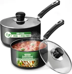 Utopia Kitchen Nonstick Saucepan Set with Lids – 1 Qt & 2 Qt Multipurpose Cooking Pots, Grey & Black