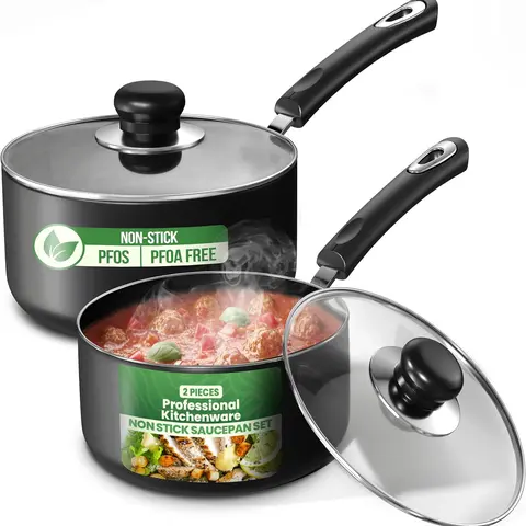 Utopia Kitchen 2-Piece Nonstick Pots Pans Set - 1 Qt & 2 Qt Stovetop Saucepans with Lids, Durable Anti-Adhesive Coating, Ergonomic Comfy Handles, Grey & Black Design, Even Heat Distribution, Less Oil Use, Aluminium Cookware Sets, Nonstick Pots Pans Sets