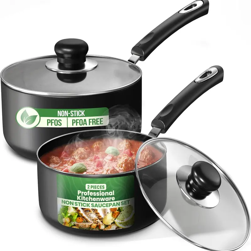 Utopia Kitchen 2-Piece Nonstick Pots Pans Set - 1 Qt & 2 Qt Stovetop Saucepans with Lids, Durable Anti-Adhesive Coating, Ergonomic Comfy Handles, Grey & Black Design, Even Heat Distribution, Less Oil Use, Aluminium Cookware Sets, Nonstick Pots Pans Sets