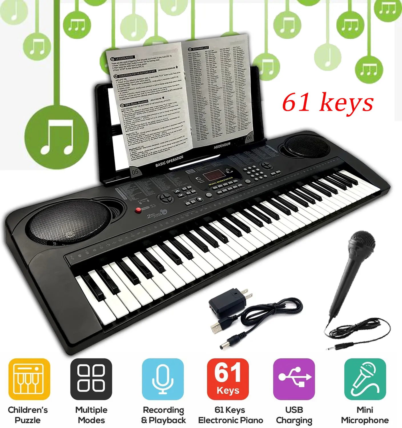 61-Key Lighted Electronic Digital Piano Keyboard Set - Portable for Beginners, Adults with LCD Display, Music Stand, Mic, Headphone Jack, USB/Battery Power, Batteries, Christmas Gift Option