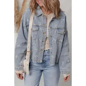 Sky Blue Bow Knot Print Light Wash Raw Hem Denim Jacket