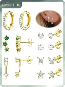 LOYALLOOK 925 Sterling Silver Earrings for Women Hypoallergenic 14K Gold Plated Stud Hoop Earring Stacks for Sensitive Ears Opal CZ Cartilage Stud Huggie Earring Sets for Multiple Piercing