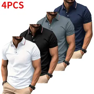 Men’s 4-piece short-sleeve polo shirt set—quick-drying golf/tennis apparel featuring a comfortable color-block design with collar and sleeve accents, suitable for casual sportswear.