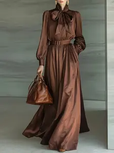 Elegant Chic Solid Color Bow Tie Lantern Sleeve Maxi Dress, Long Sleeve, Waist Cinched A-Line Skirt, Fashionable Formal Art Exhibition Wear, Casual Party, Womenswear