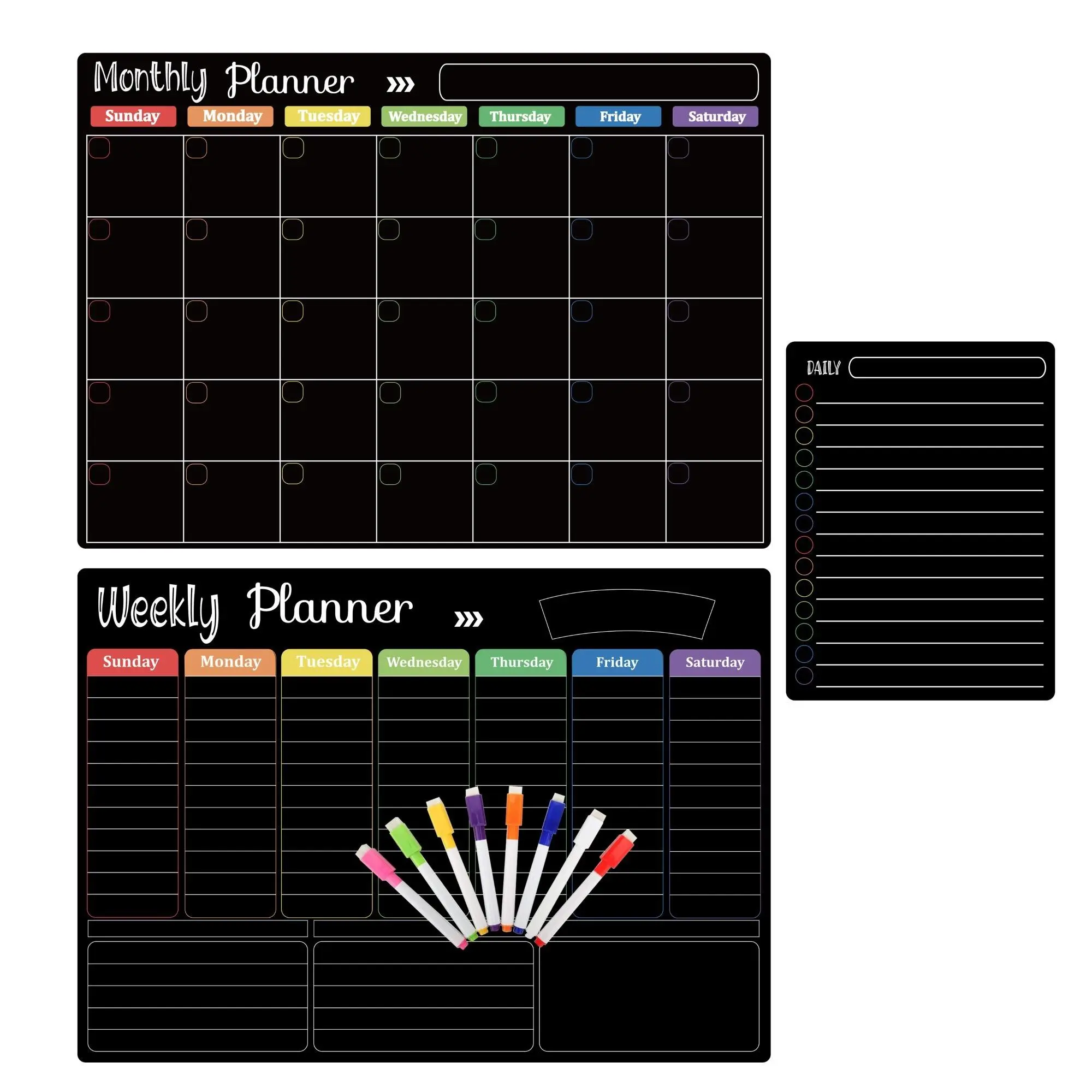 Black Magnetic Dry Erase Calendar Board, Magnetic Calendar For Refrigerator, Visual Schedule Board, 3-in-1 Daily, Weekly & Monthly Planner, Includes 8 Colored Markers, for Fridge, Home & Office