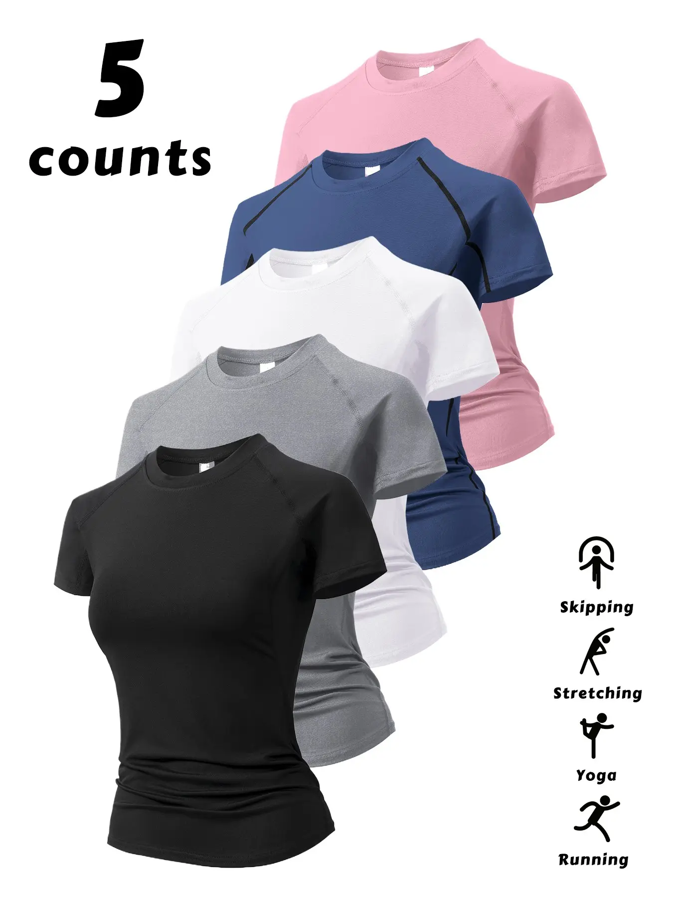 5-Pack Women's Solid Color Stretchy Tight-Fit Short Sleeve Sportswear, Elastic Breathable Sportswear, Breathable Workout Tops, Fitness T Shirt, Quick-Dry Breathable Stretch Yoga Running Training Tops, Comfortable Outdoor Activities, Fitness Shirts