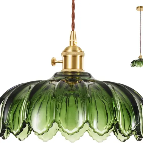 Gold Glass Pendant Light - Vintage-Modern Indoor Fixture (No Bulb Included, E26 LED-Ready, Max 60W, Easy Installation) - Green Shade for Bedroom, Dining Table Home Decor