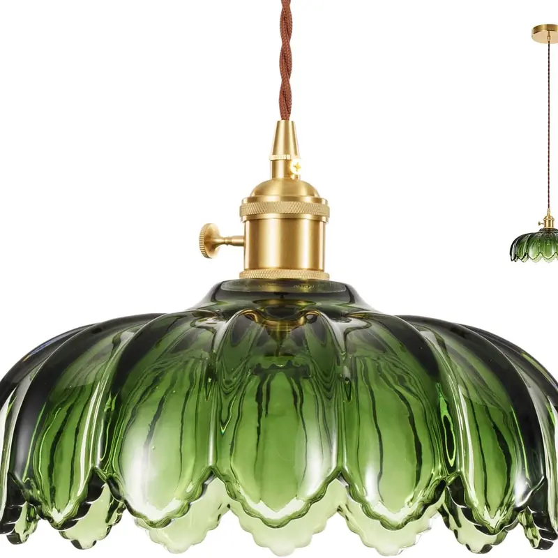 Gold Glass Pendant Light - Vintage-Modern Indoor Fixture (No Bulb Included, E26 LED-Ready, Max 60W, Easy Installation) - Green Shade for Bedroom, Dining Table Home Decor