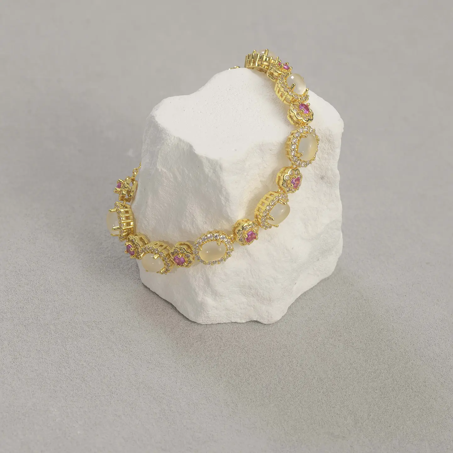 Vintage Royal Floral Halo Bracelet | Milky Gemstone & Pink Ruby Accent Bangle | Romantic Princesscore Jewelry Gift