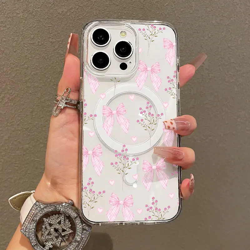 Trendy Magnetic Case for iPhone11/12/13/14/15/16/17/promax, Pink Bow Floral  Ultra Slim, MagSafe Support, Shockproof |   Playful & Fun Style