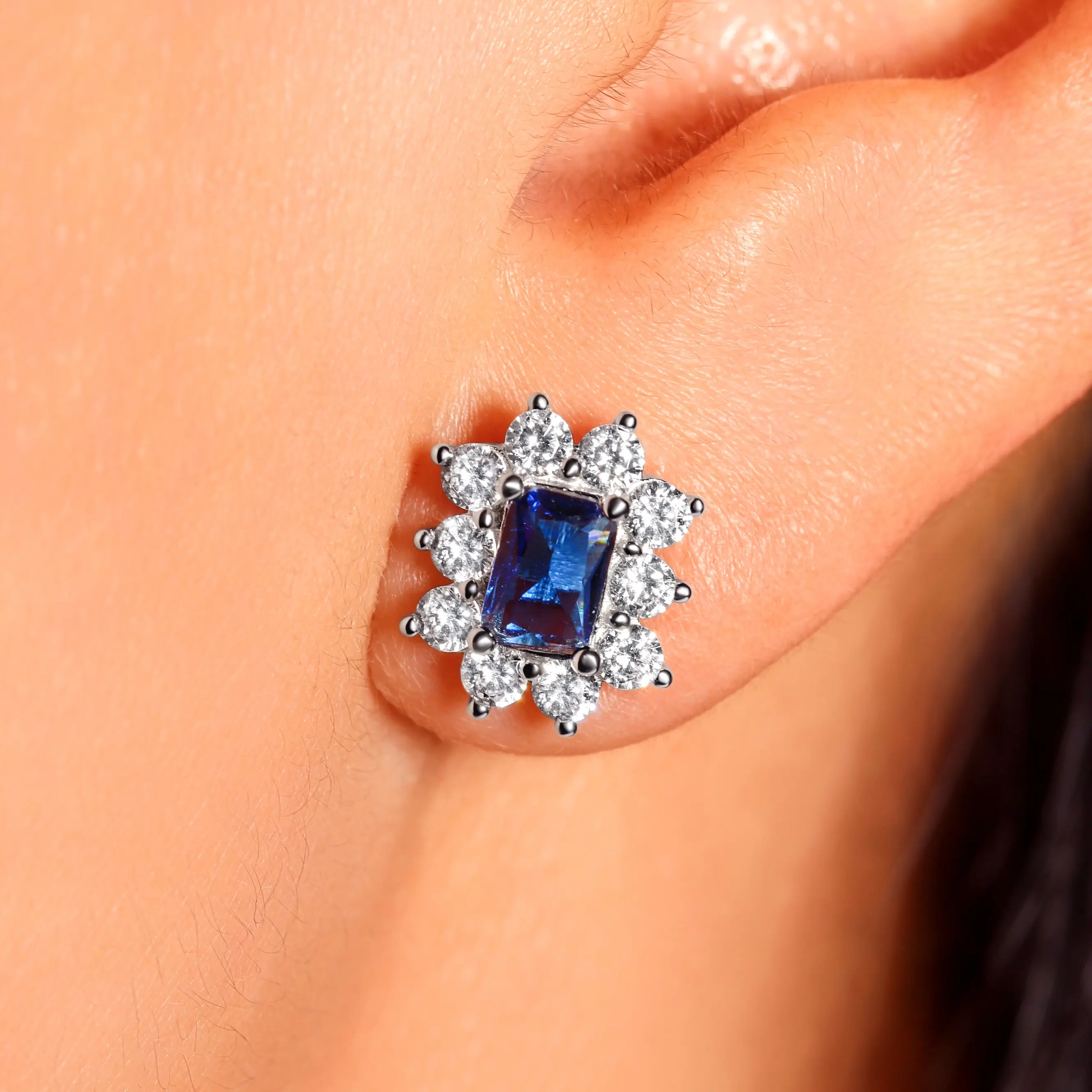 Sterling Silver Blue Rectangular Crystal with CZ Sunburst Border Stud Earring, Made in italy
