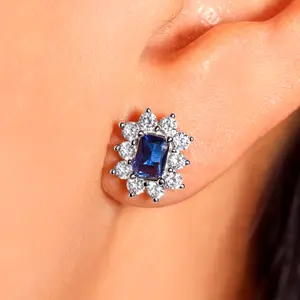 Sterling Silver Blue Rectangular Crystal with CZ Sunburst Border Stud Earring, Made in italy