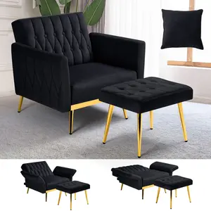 ACMEASE Velvet Accent Chair with Adjustable Armrests and Backrest, Button Tufted Lounge Chair, Single Recliner Armchair with Ottoman and Pillow for Living Room, Bedroom