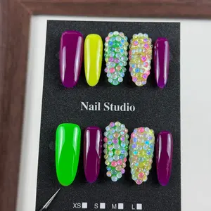 10pcs The Minimalist Dopamine Series, hand-painted with contrasting colors, Rhinestone Embellished, featuring sparkly diamonds handmade fake nails, Ideal for spring outings, camping, picnicking, Nail stickers for such activities