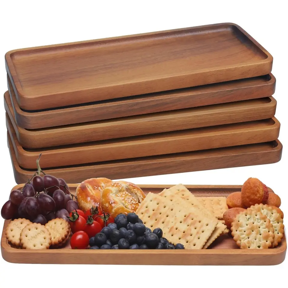 High-Quality Acacia Wooden Tray, Rectangular Tea Serving Tray for Fruits, Desserts, Coffee & Snacks, Aesthetic Ideal for Kitchen and Dining, Perfect for All Occasions, Plates, Dessert Serving Trays