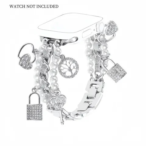Pearl String Heart-shaped Pendant Watch Band, metallic Cuban Chain with Shiny Pendant for iWatch Series 10 9 8 7 6 5 4 3 2 SE Ultra 2, Smart Watch Accessories, Smart Watch Straps, Smartwatch Replacement Straps (Band Only)