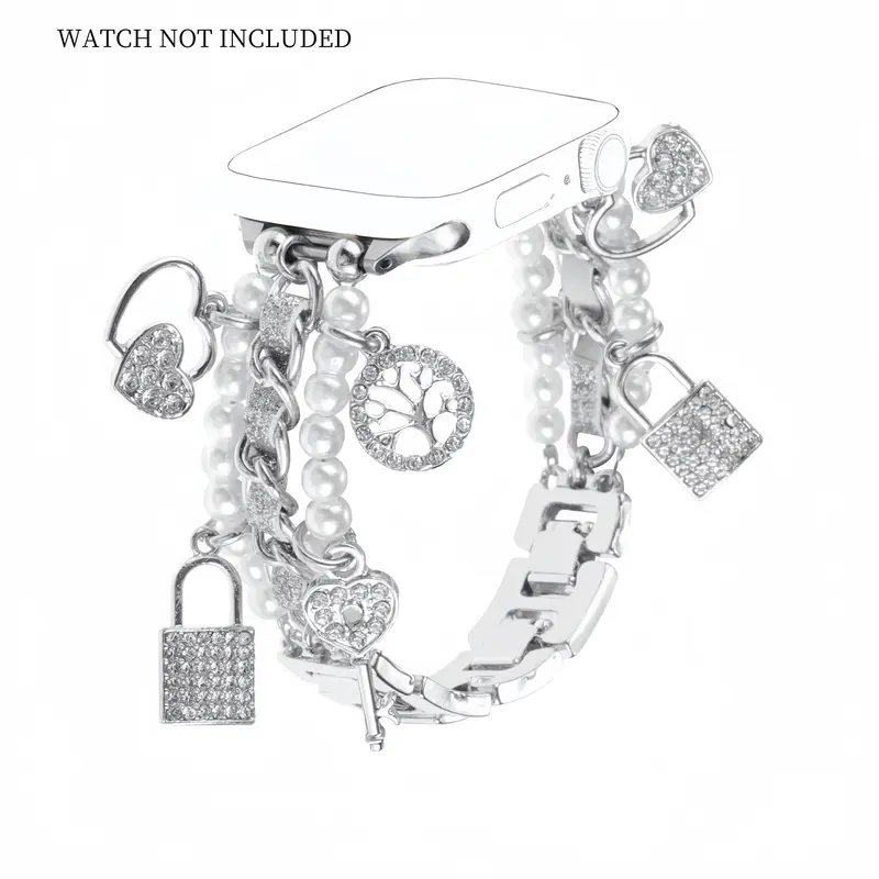 Pearl String Heart-shaped Pendant Watch Band, metallic Cuban Chain with Shiny Pendant for iWatch Series 10 9 8 7 6 5 4 3 2 SE Ultra 2, Smart Watch Accessories, Smart Watch Straps, Smartwatch Replacement Straps (Band Only)