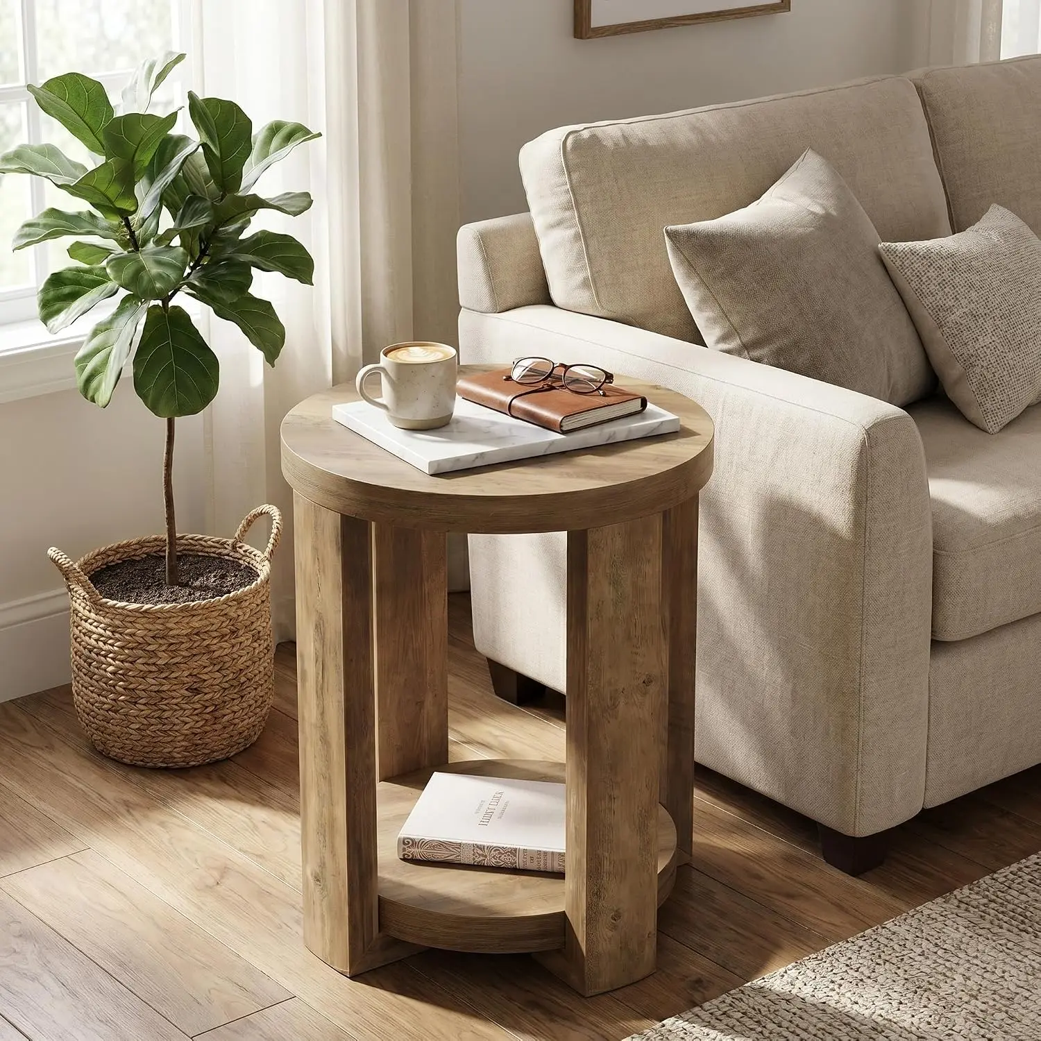 Tribesigns Round Side Table, Farmhouse Sofa Bedside End Table，Brown：1 | 2-Tier Small Accent Table with Storage Shelf, Nightstand for Small Spaces, Living Room, Bedroom, Easy to Assemble