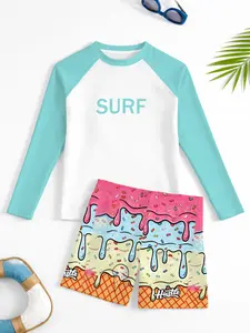 Summer Surfing Set Cute Ice Cream Pattern Shorts + Long Sleeve Sun Protection Top, Unisex Kids Swimwear, Beach Essential, Swimsuits With Shorts