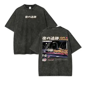 **Initial D JDM Car Graphic Tee, Vintage Acid Wash Tee, Anime OOTD show Night Chasing Back Print Top, Y2K Grunge Harajuku Hip Hop Streetwear T-Shirt for Men Women**