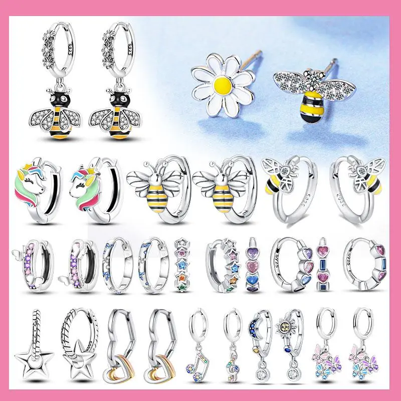 Bee Earrings For Girl Lovely Yellow Black Dancing Bee Happy S925 Hoop Earrings Birthday Gift Silver Jewelry