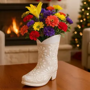 Talavera Floral Boot flower Vase | White | Lead Free