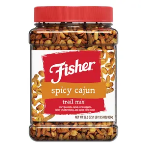 Fisher Snack Spicy Cajun Trail Mix, 29.5 oz (Pack of 1), Resealable Jar, Bold & Crunchy Snack Mix with Peanuts, Corn Nuggets, Sesame Sticks, and Corn Sticks, Mildly Spicy Party Trailmix, Snacks for Adults