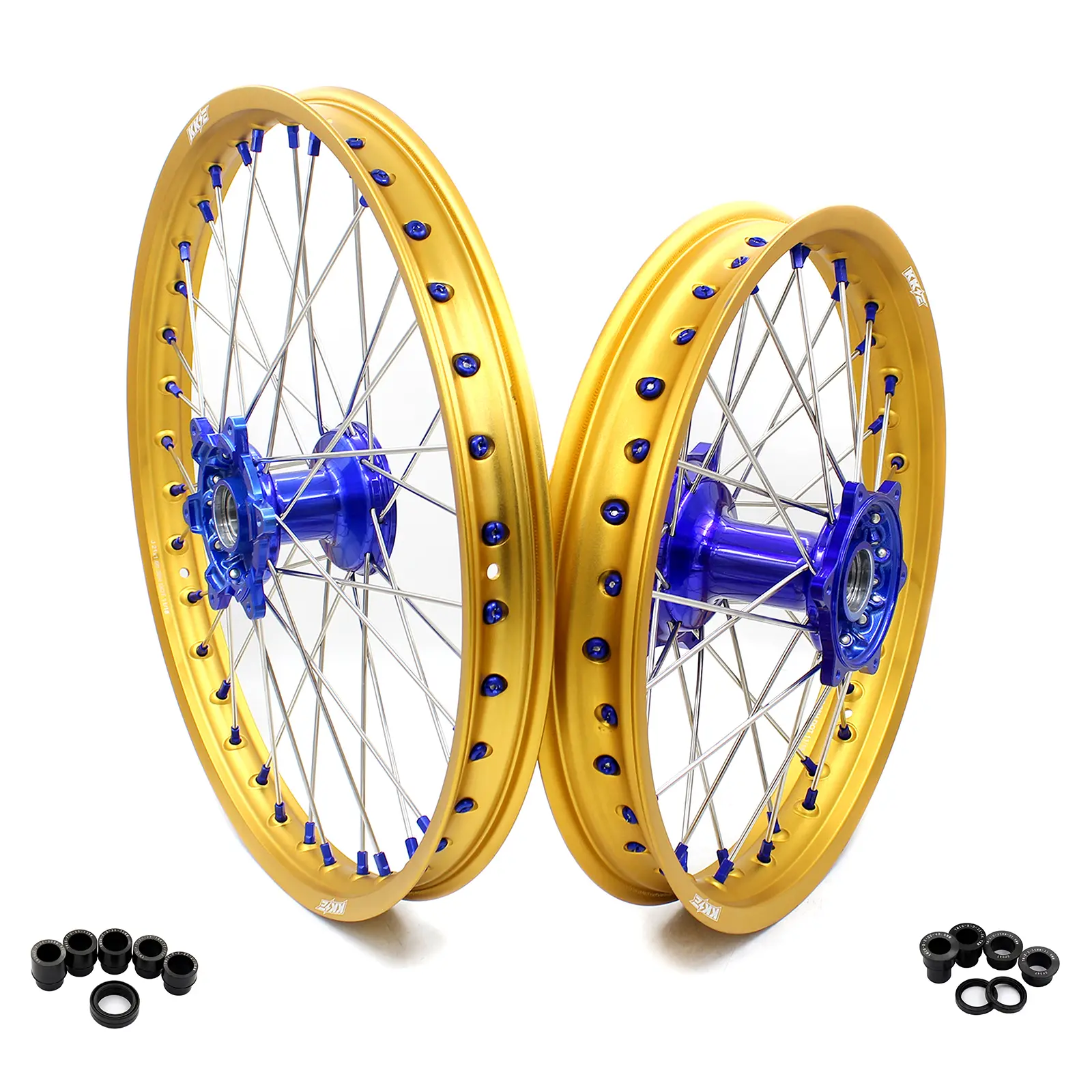 KKE Motocross Off-Road Racing Full Wheelset - 7050-T6 Aluminum Anodized 1.6x21" Front (Blue Hub), A356T6 Aluminum Casting 2.15x18" Rear Rims for YAMAHA YZ125,YZ250,YZ250F,YZ450F, Performance Look, Standard Size, 12-Month Warranty, Blue/Gold Alloy Wheels