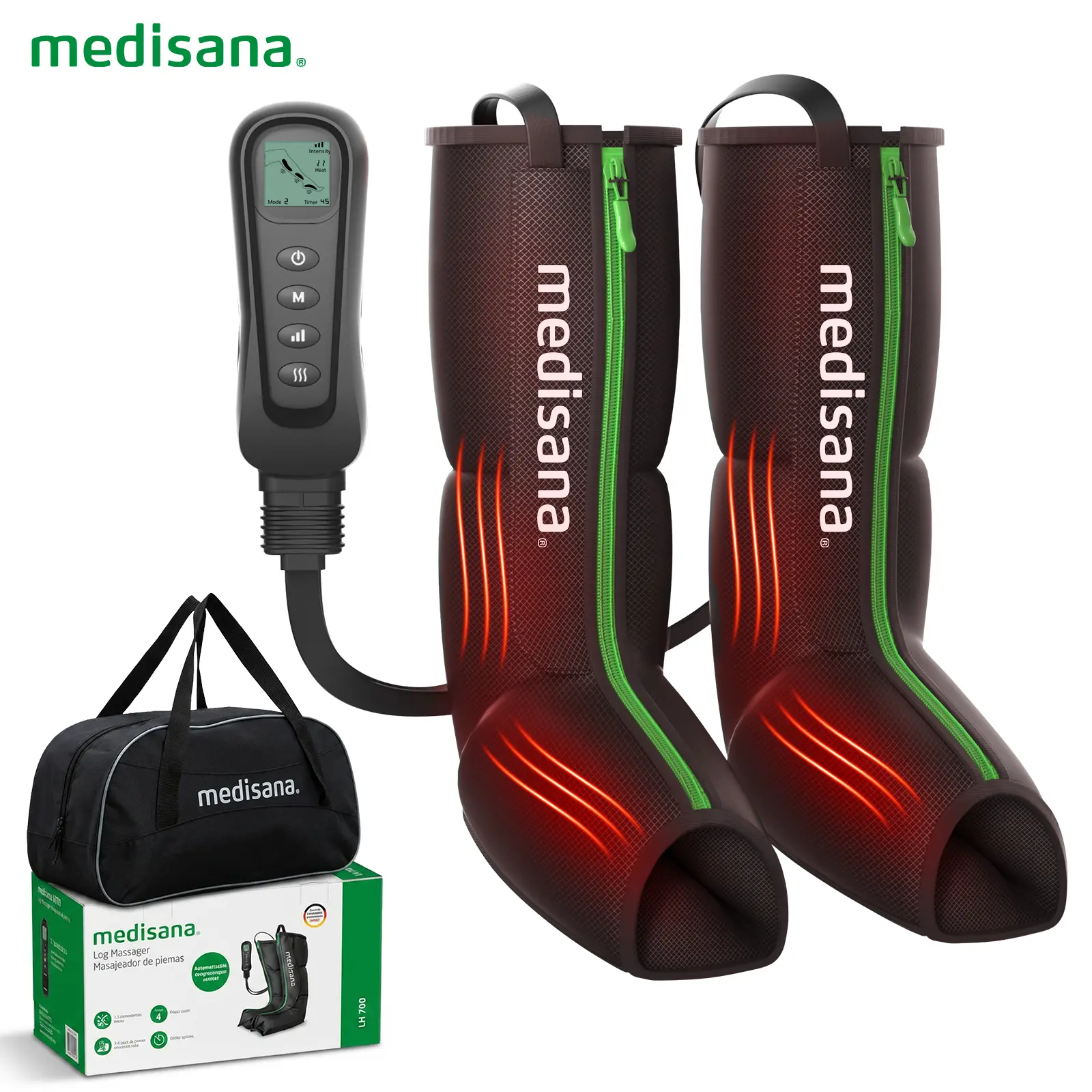 Medisana Leg Massager with Heat and Compression, Leg Massager for Circulation and Pain Relief, Foot and Calf Massager Machine for Edema, Relax Recover- The Best Outdoor Sports Gifts Father's Day Gift - 2 Year Warranty Black