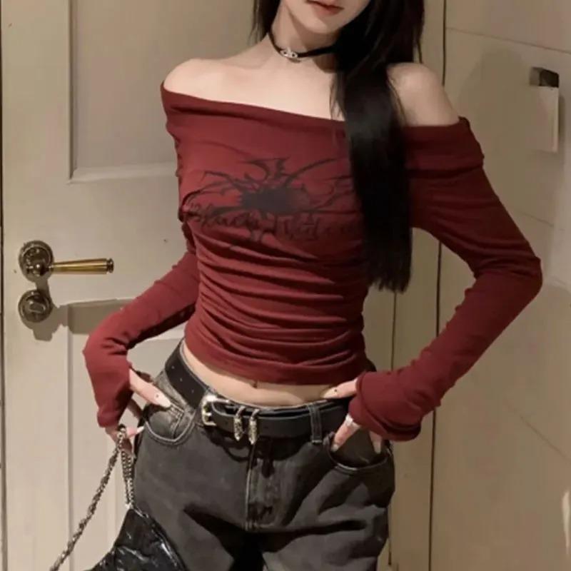 Women Y2K Gothic Grunge T Shirts Off Shoulder 2026 Autumn Streetwear Fairycore Hip Hop Tops Punk Casual Tees Female Clothes