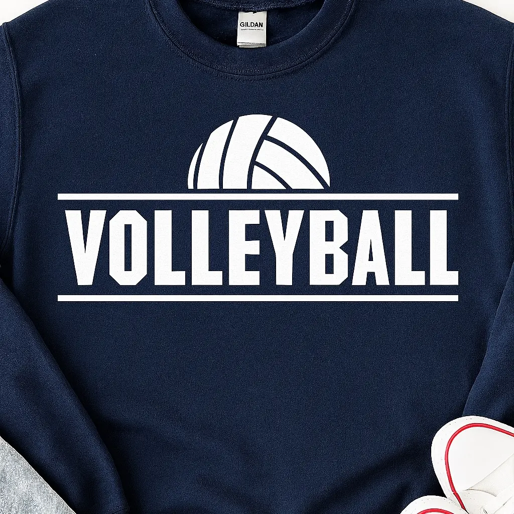 Gildan Navy Blue Volleyball T-Shirt with White Graphic Design for Sports Fans Crew Neck Style