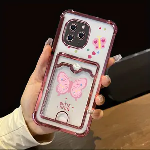 11 Pro Popular Series Card Holder Slot Phone Case For Compatible With iPhone 11 Pro Transparent Plating Cover and Impact Resistant Cute Love Heart Pink Butterfly Protector