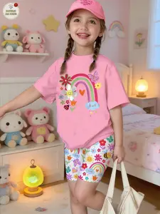 Sweet Romantic Rainbow Floral Print Set, Summer Casual Girls', 2-Piece Girl T-Shirt and Tight Cycling Shorts, Fits Ages 4-12, Fine girls outfit, Graphic Print Set