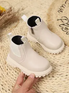 Girls' Winter Motorcycle Ankle Boots, PU Leather, Zipper Closure, Fashion Chain Design, Comfortable for Eur21-Eur30 Sizes