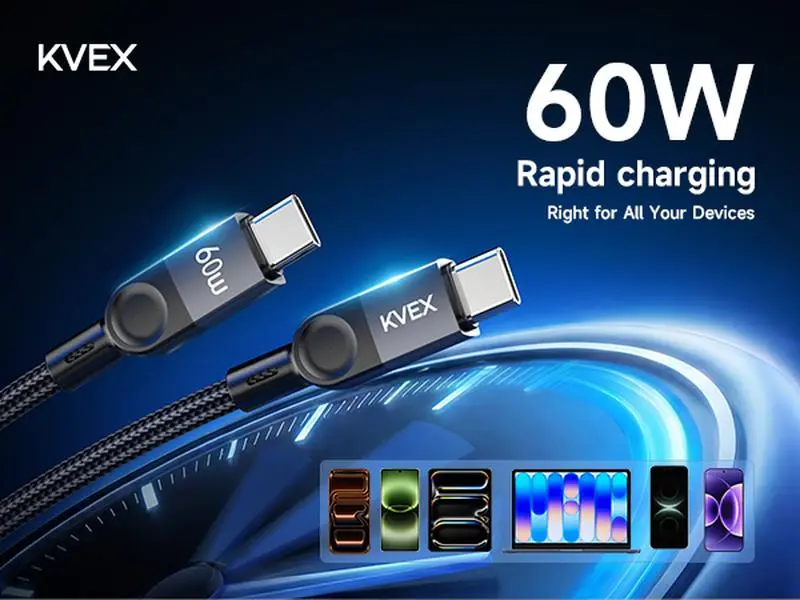KVEX 60W USB-C to C Cable, 1M Nylon Braided Charging and Data Cord, 480Mbps, Black