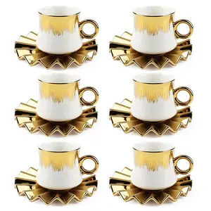 3.5oz Ceramic Espresso Cups Set of 6, Small Stackable Coffee Cups with Saucers, Ottoman-Style Turkish Coffee Cup Set for Tea, Espresso, Latte, Coffee, Cafe Mocha, Black Gift Box with Window(White)