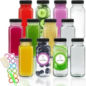 8 oz Glass Juice Bottles with  12 Pack - Square  Drinking Jars for Juicing, Milk, Kombucha - Includes 1 Bottle Brush, 12 Colored Labels